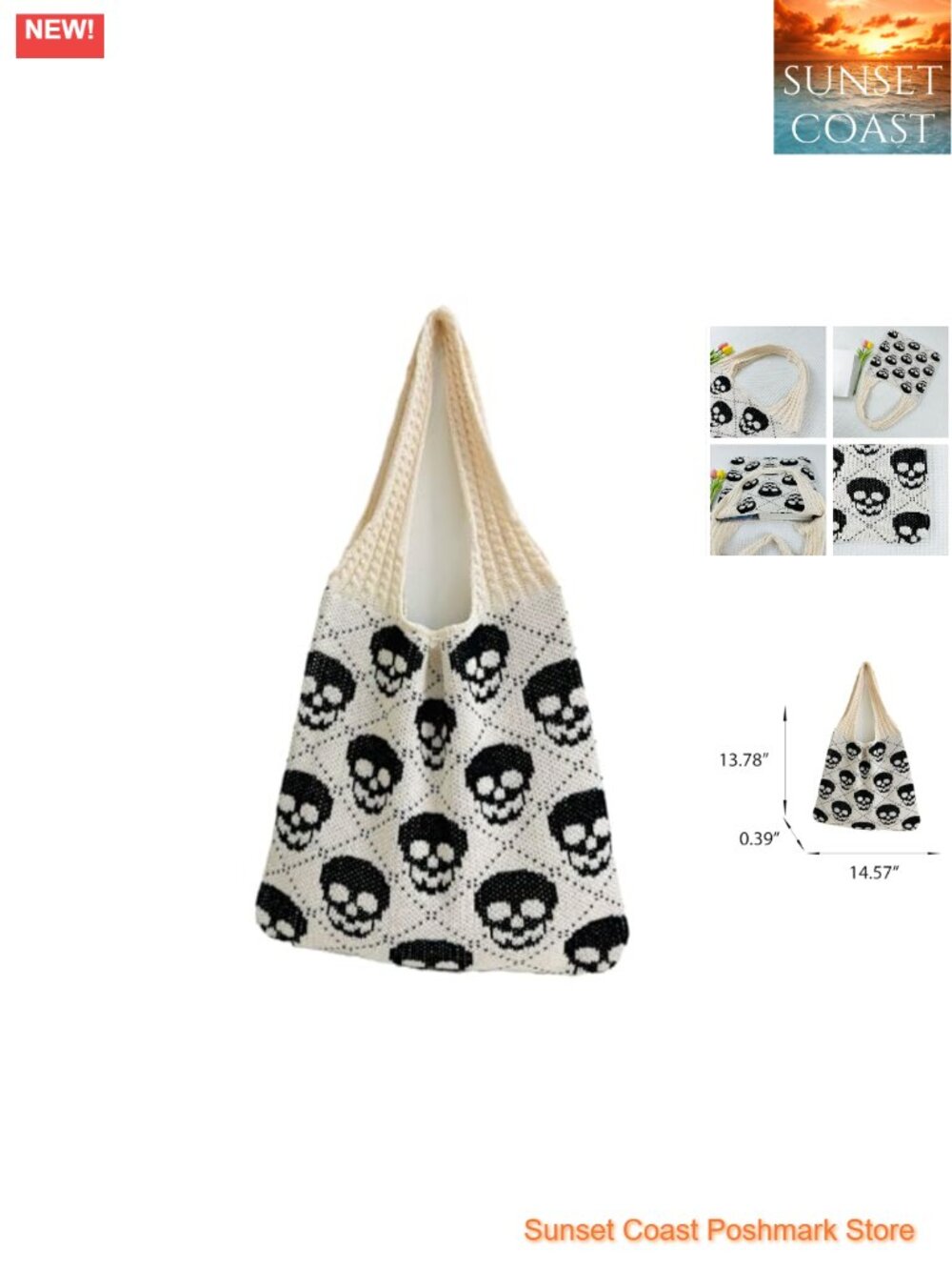 Goth Skull Knit Tote Bag Crochet Hobo Shoulder Handbag Halloween